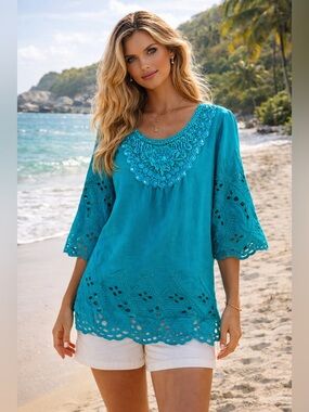 Turquoise Embroidered Lace Blouse Beaded Neckline Boho Top Size L